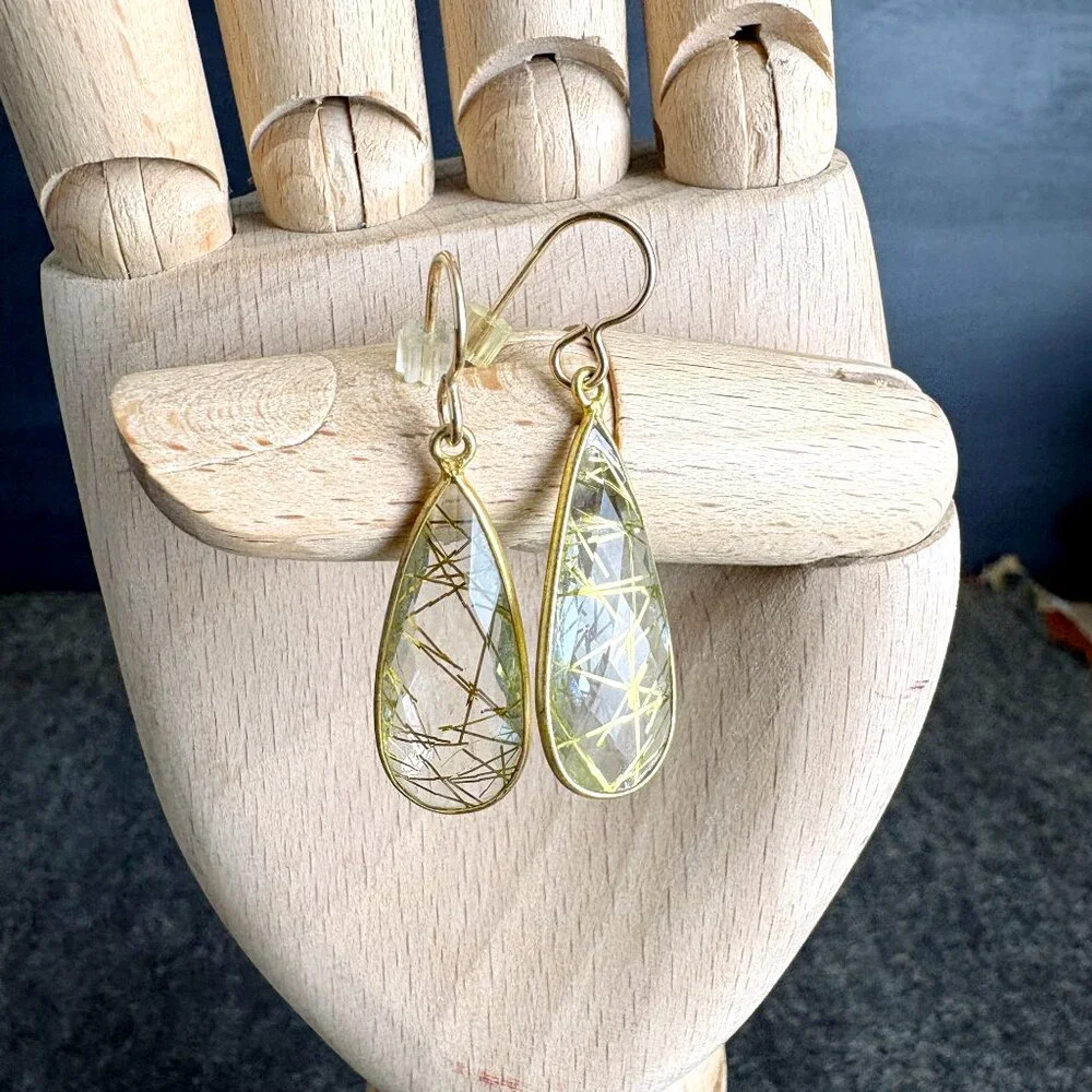 Golden rutile quartz teardrop earrings - wire pierced - bohemian style